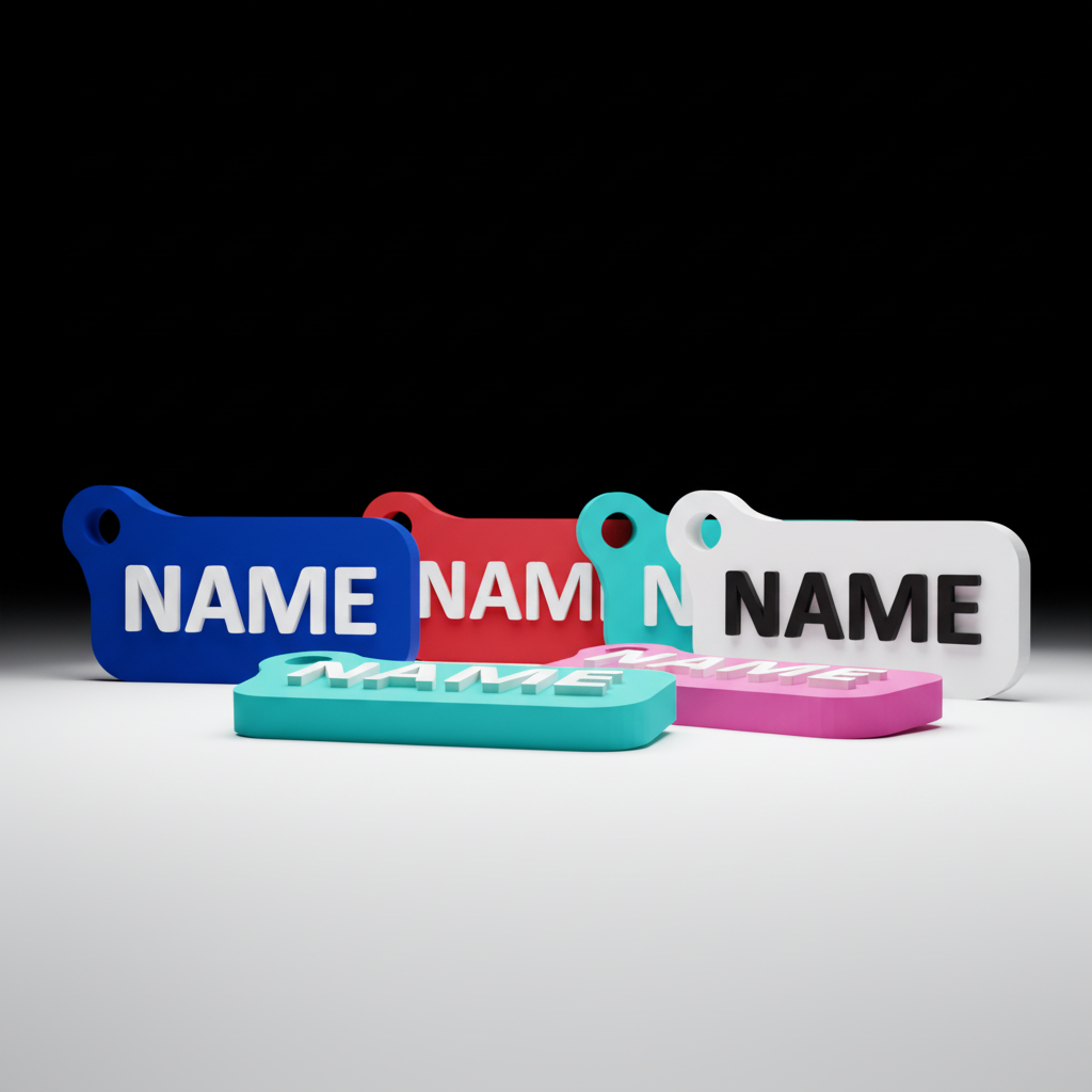 Colorful nametag keychains arranged together