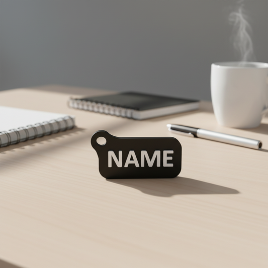 Nametag keychain on desk